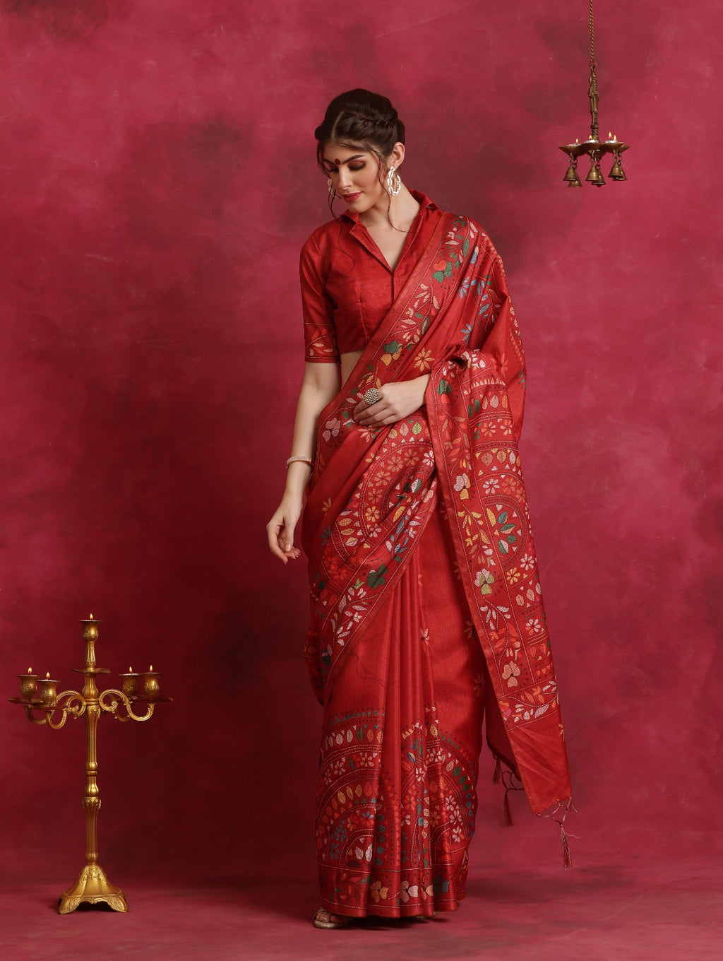 Red Kantha printed Asam Silk Saree