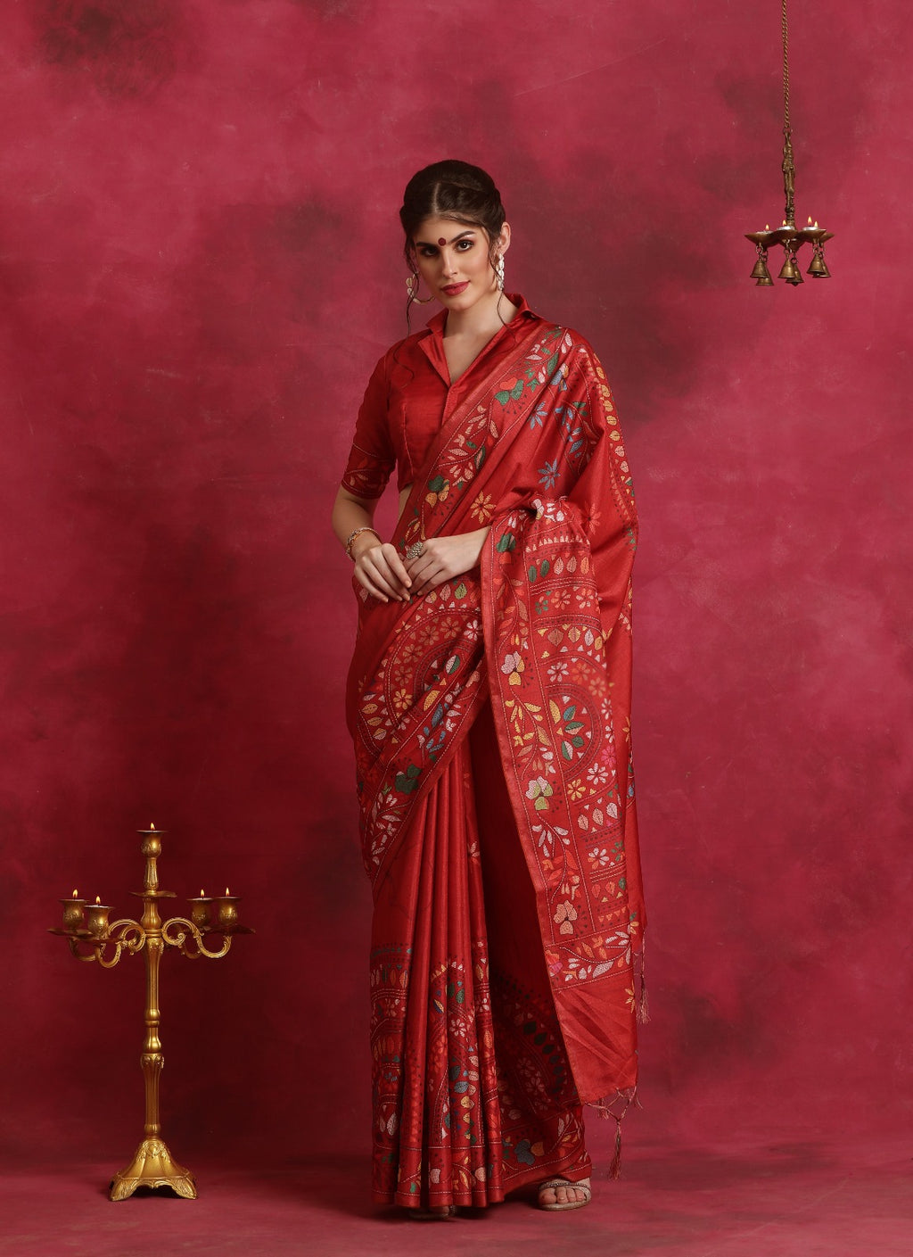 Red Kantha printed Asam Silk Saree