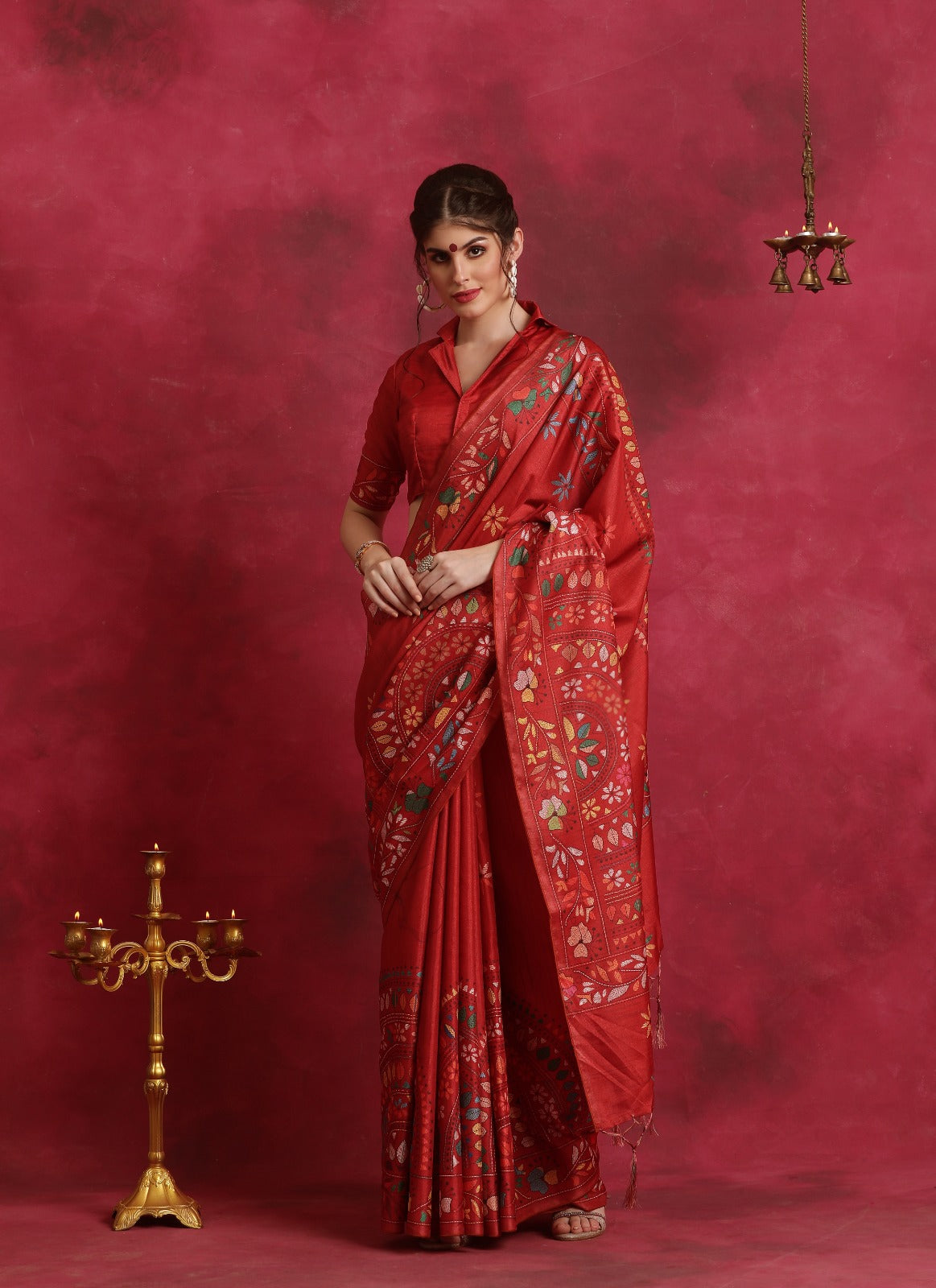 Red Kantha printed Asam Silk Saree