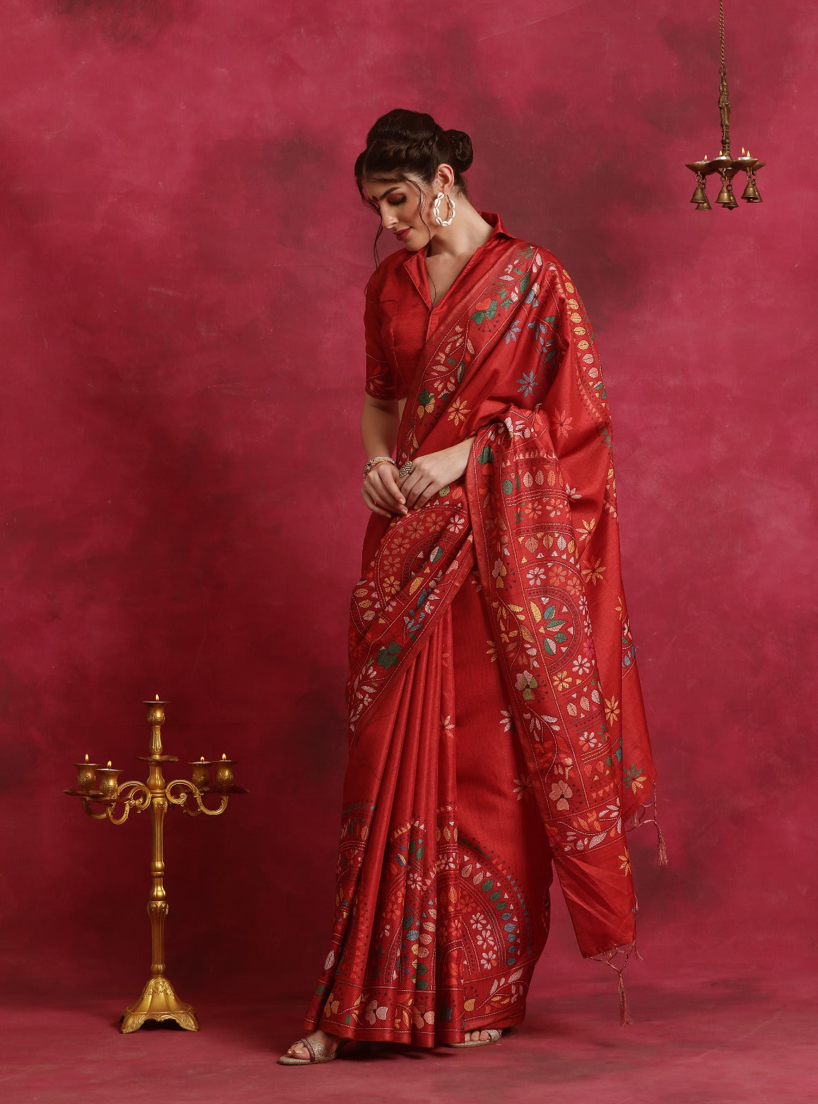 Red Kantha printed Asam Silk Saree