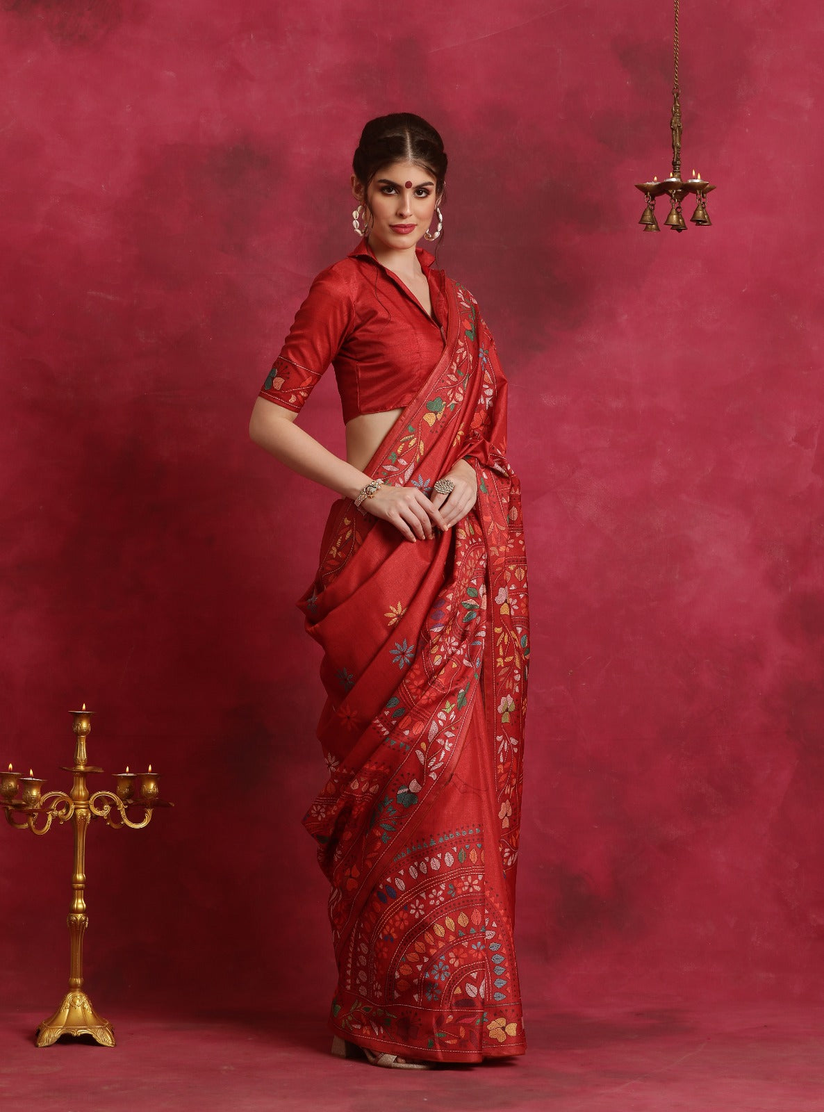 Red Kantha printed Asam Silk Saree