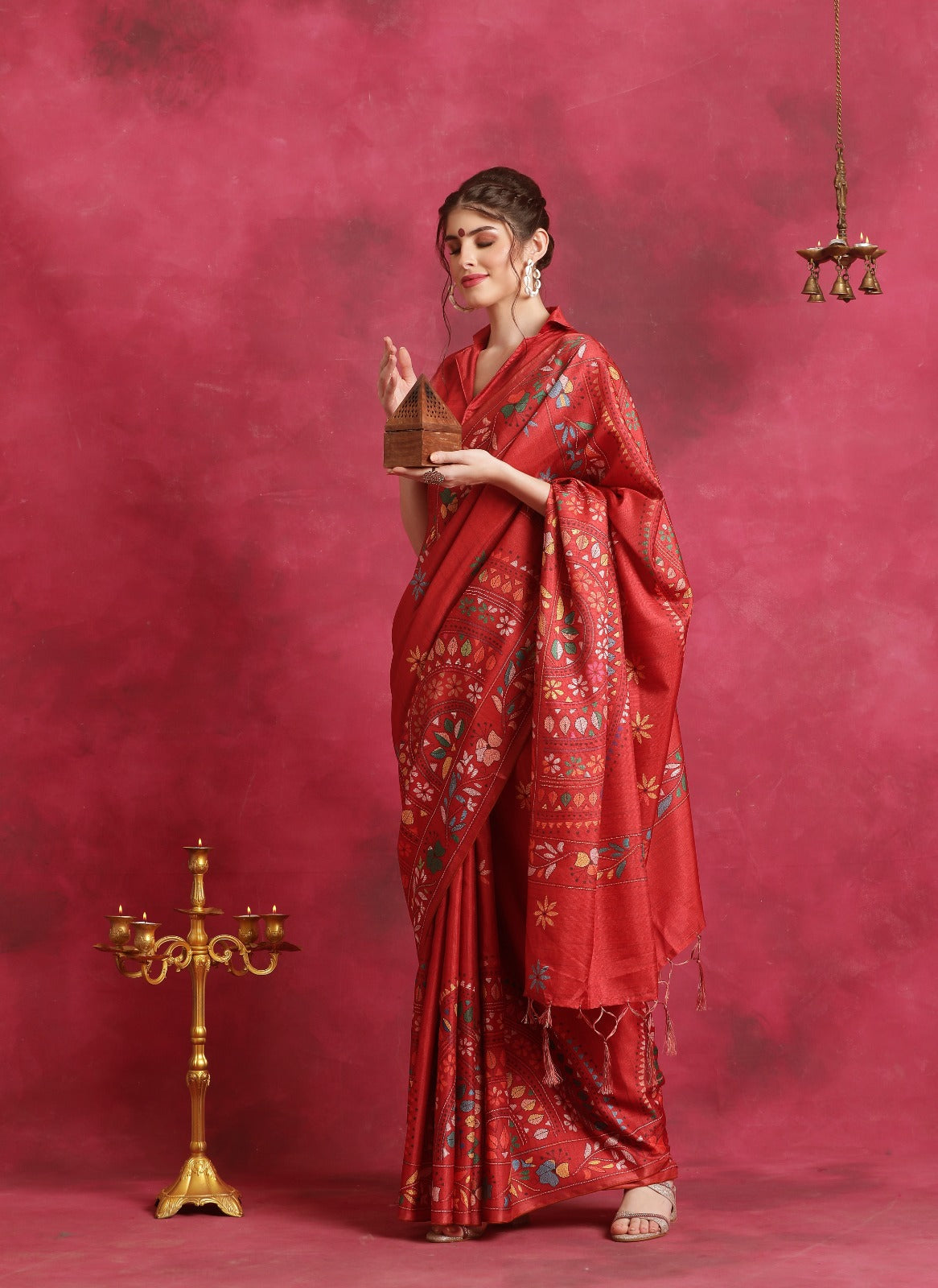 Red Kantha printed Asam Silk Saree