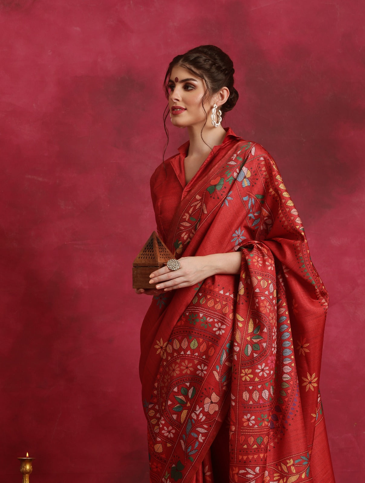 Red Kantha printed Asam Silk Saree