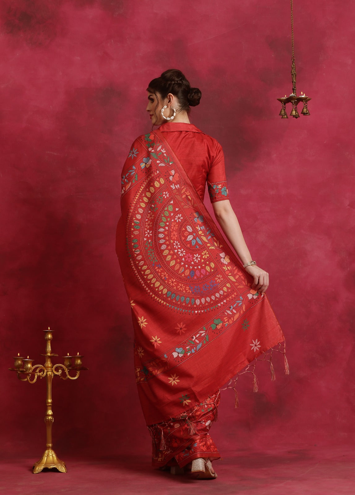 Red Kantha printed Asam Silk Saree