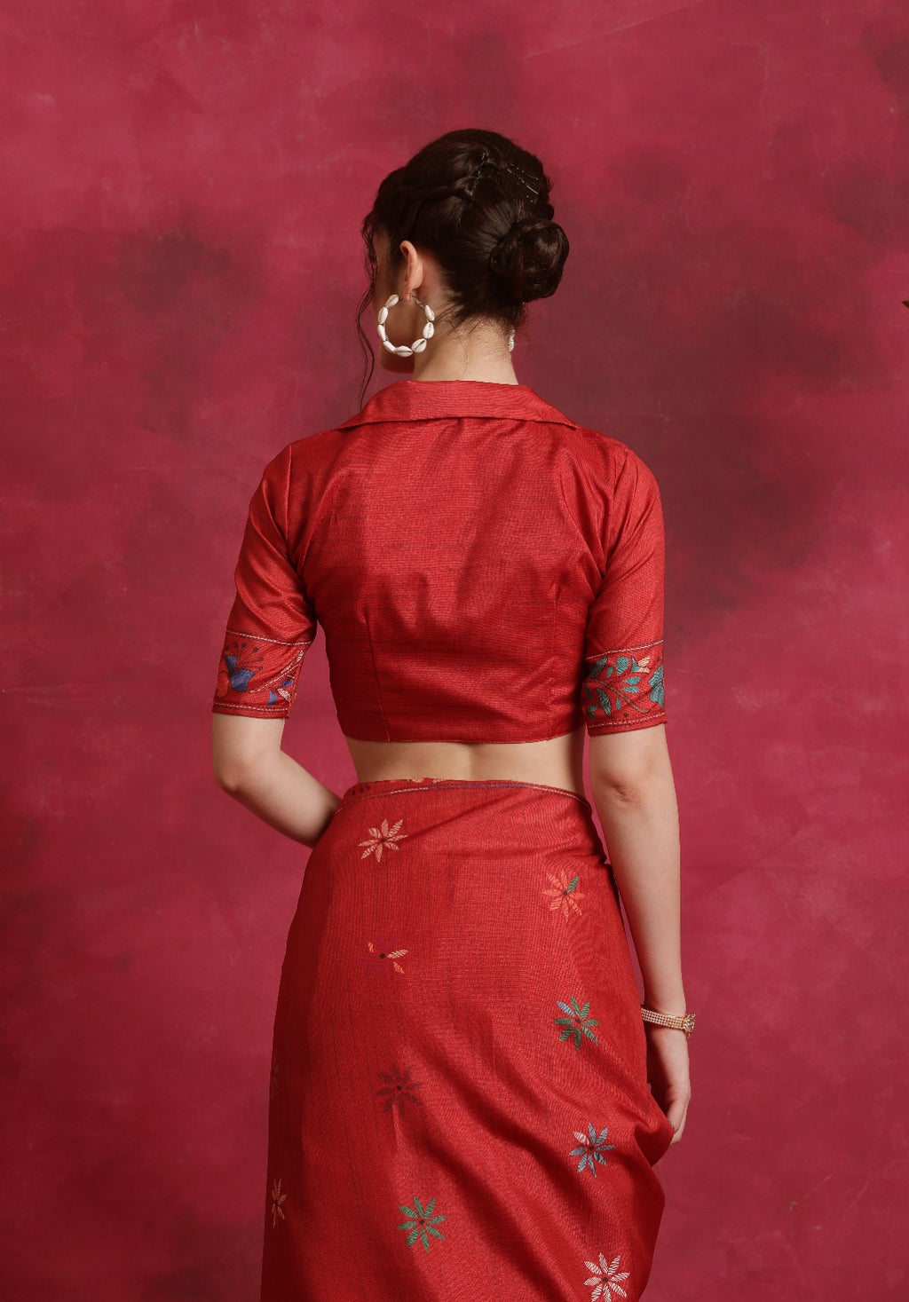 Red Kantha printed Asam Silk Saree