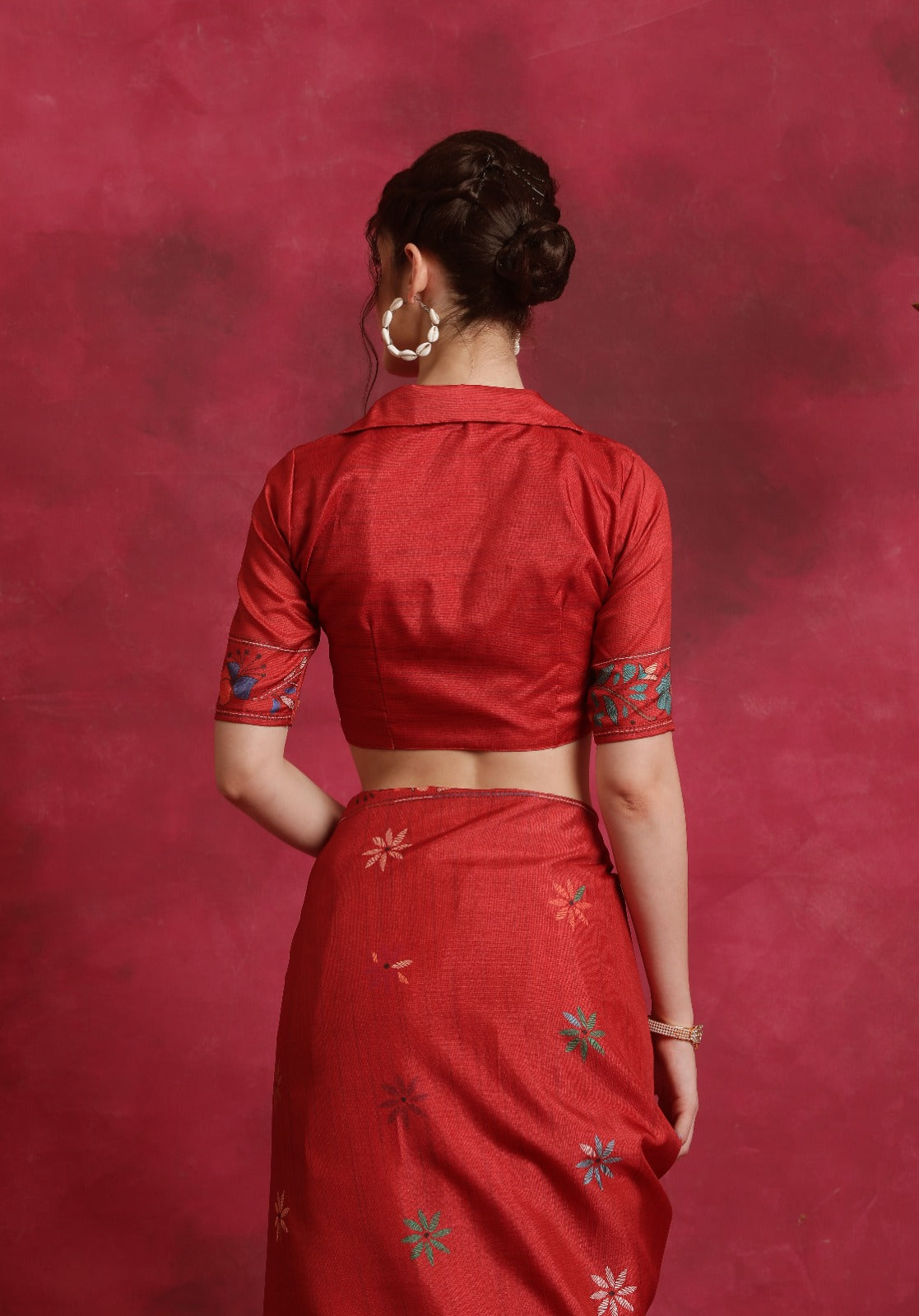 Red Kantha printed Asam Silk Saree