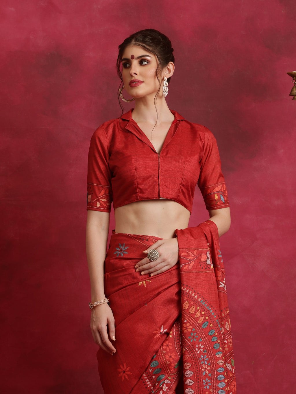 Red Kantha printed Asam Silk Saree