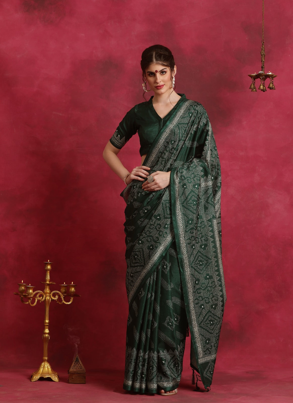 Bottle Green Asam silk kantha print saree