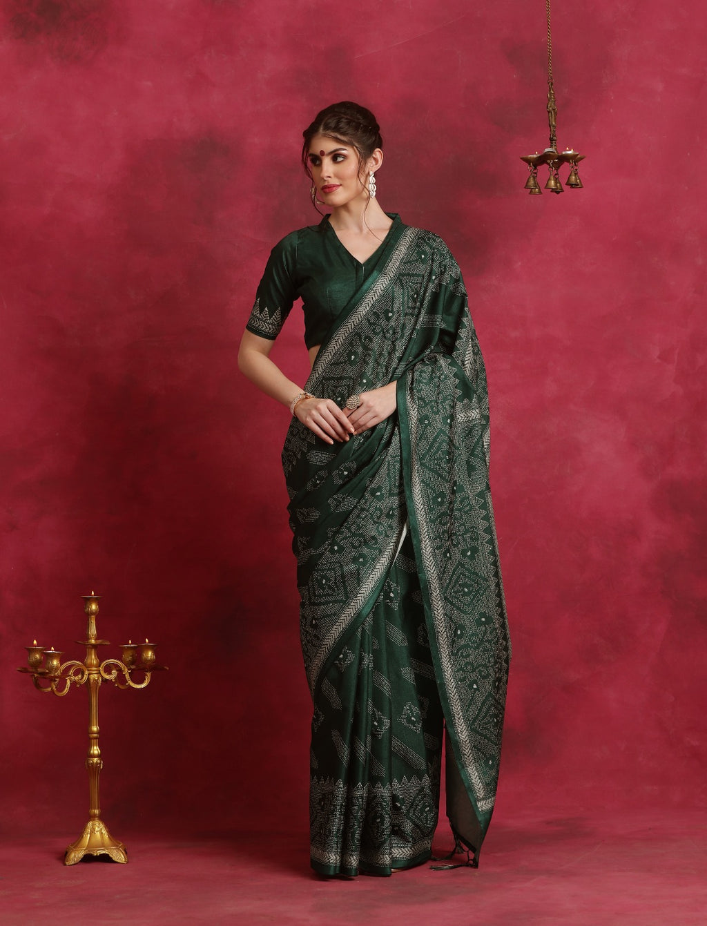 Bottle Green Asam silk kantha print saree