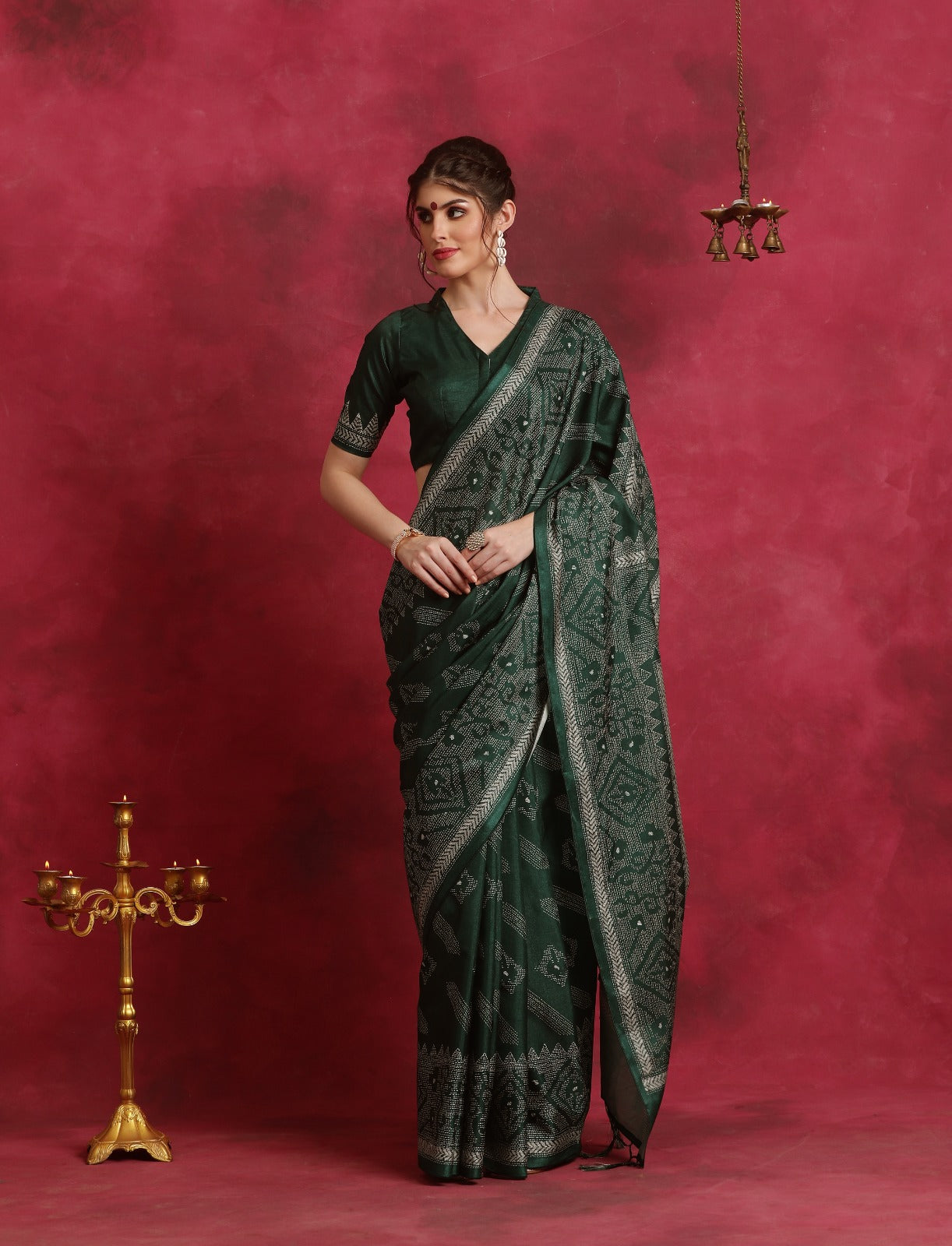 Bottle Green Asam silk kantha print saree