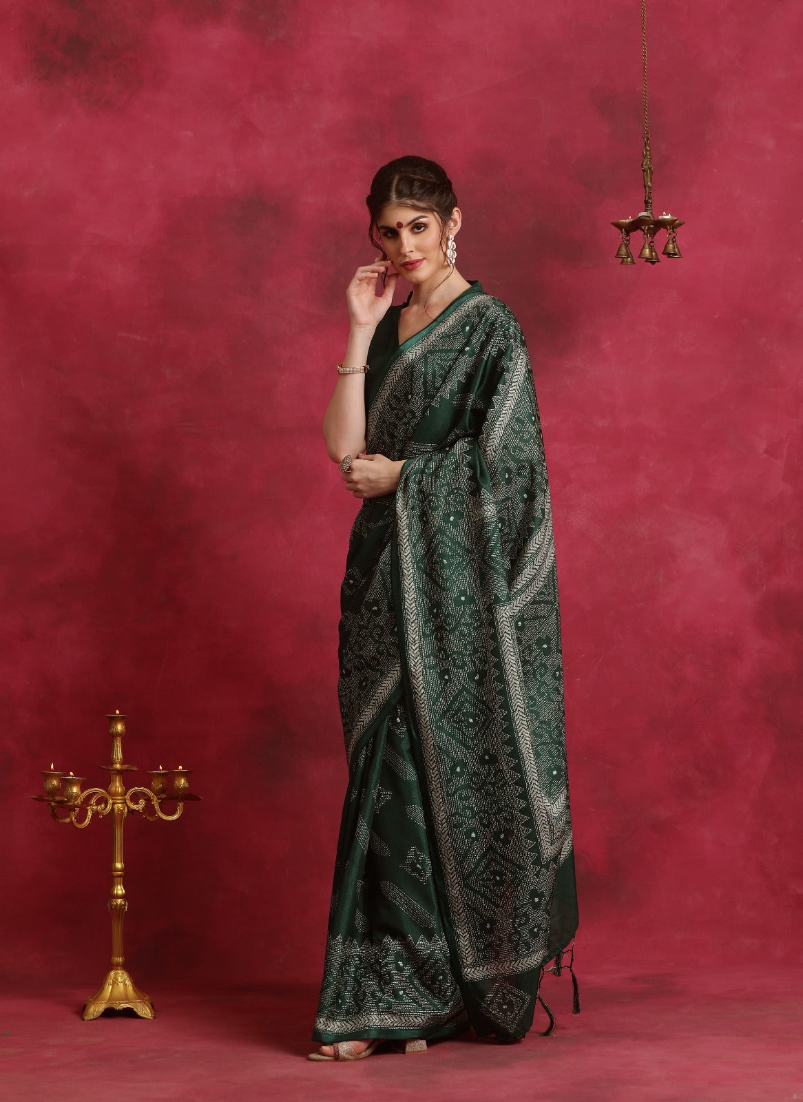 Bottle Green Asam silk kantha print saree