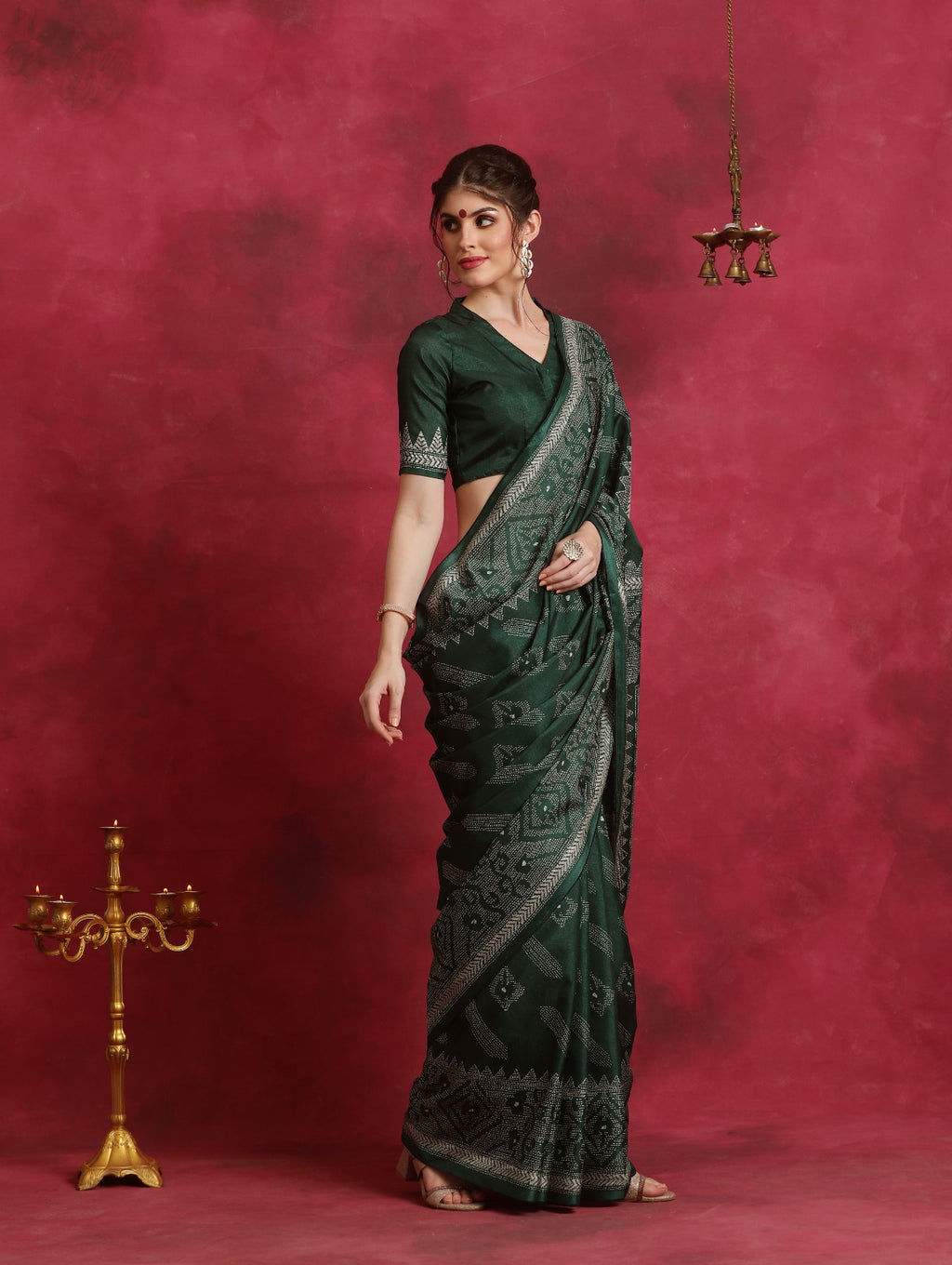 Bottle Green Asam silk kantha print saree