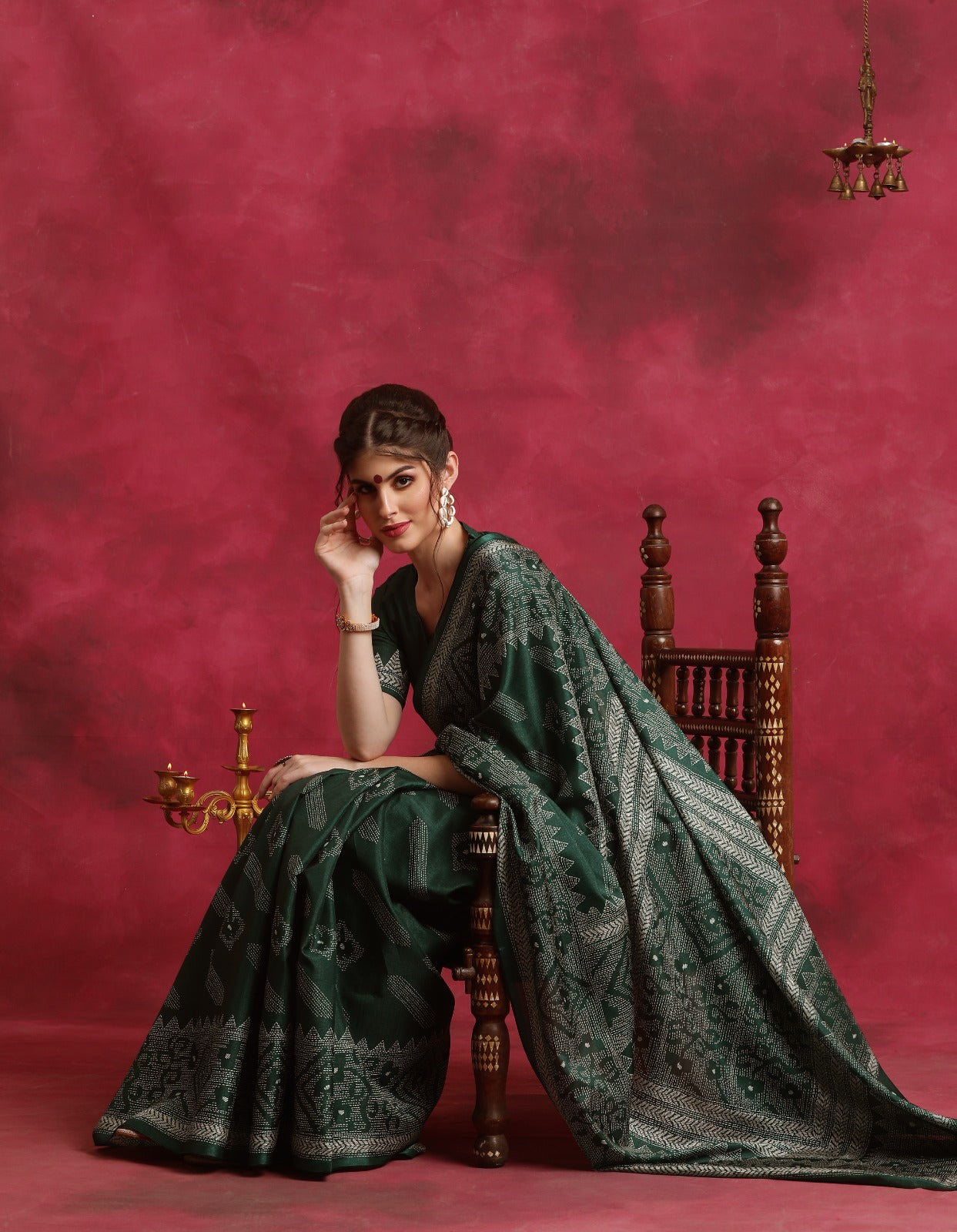 Bottle Green Asam silk kantha print saree