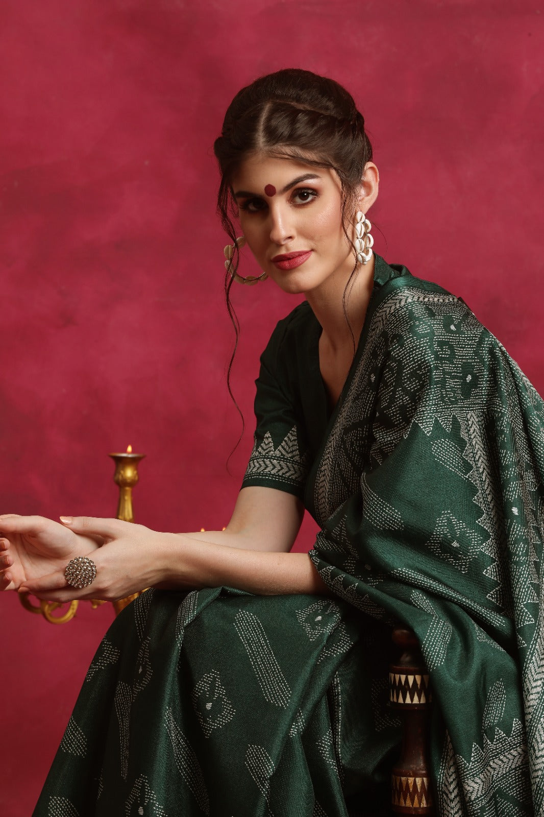 Bottle Green Asam silk kantha print saree