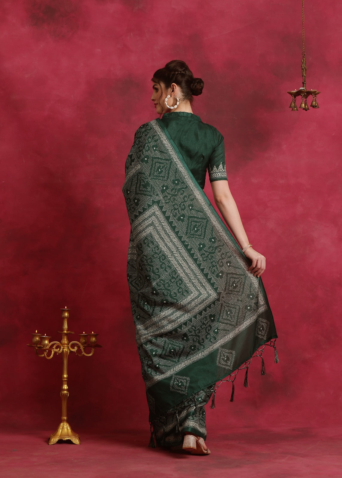 Bottle Green Asam silk kantha print saree