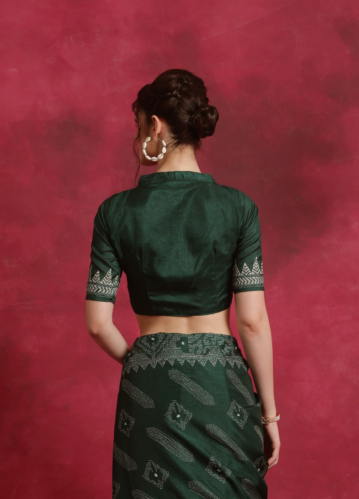 Bottle Green Asam silk kantha print saree