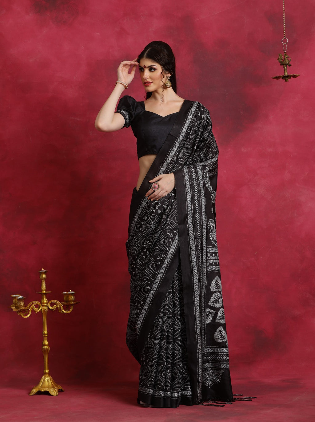 Bottle Green Asam silk kantha print saree