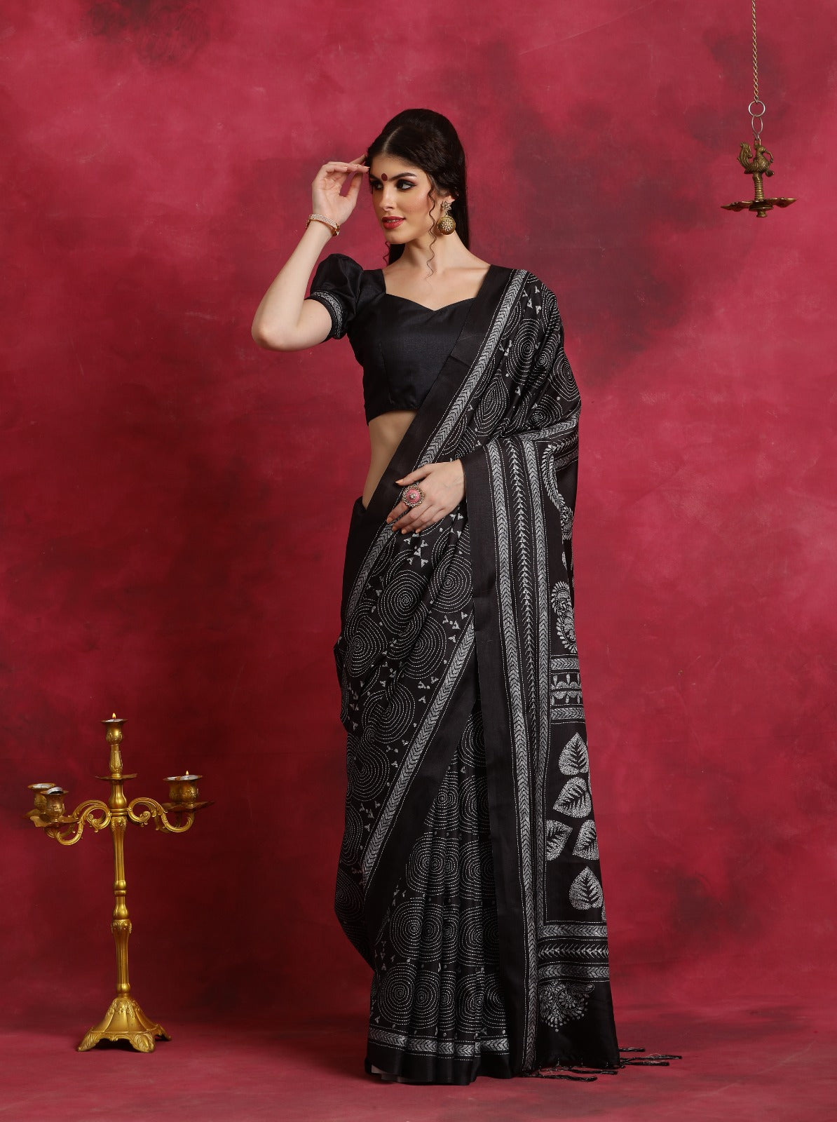 Bottle Green Asam silk kantha print saree