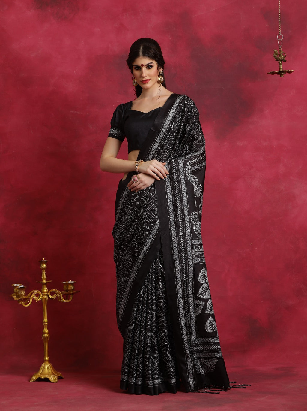 Black Kantha Print Asam Art Silk Saree