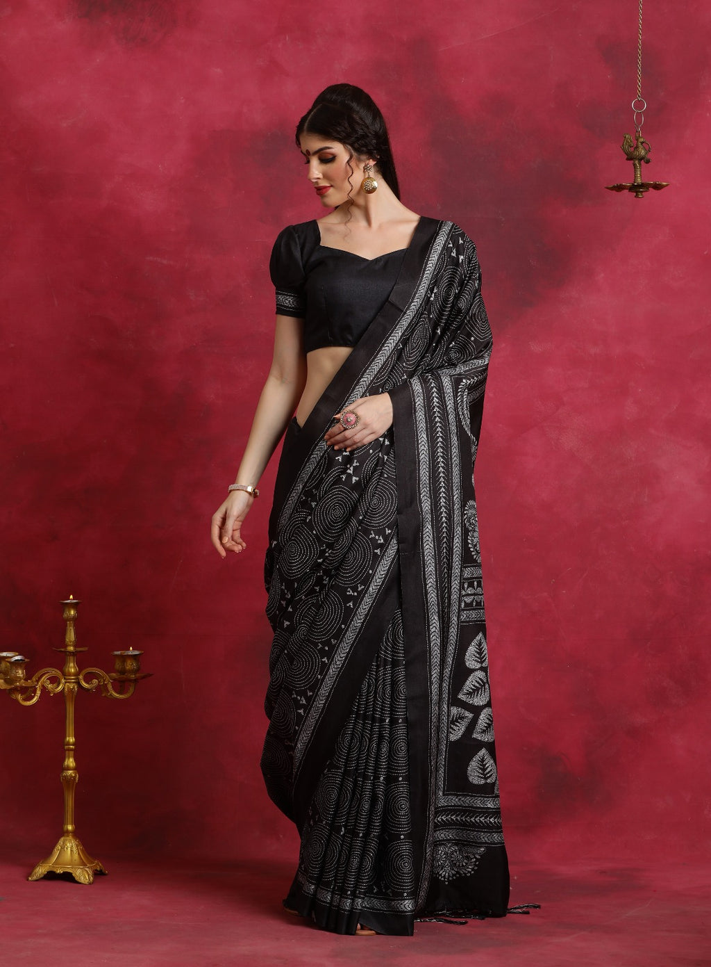 Black Kantha Print Asam Art Silk Saree