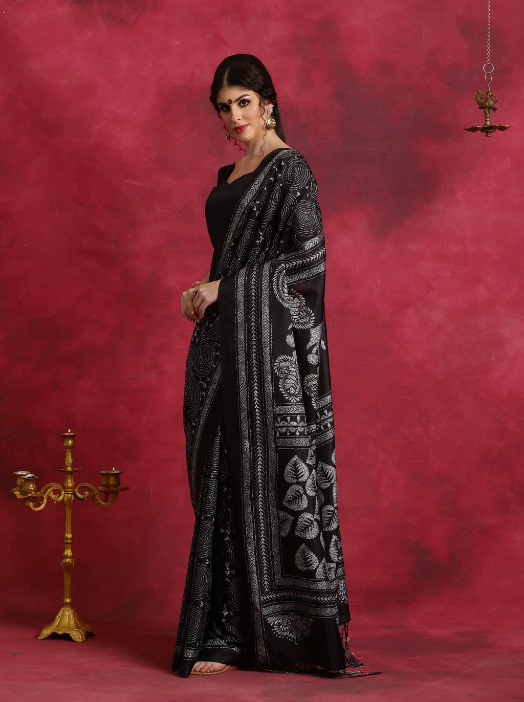 Black Kantha Print Asam Art Silk Saree