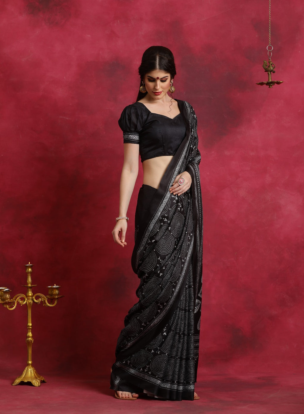 Black Kantha Print Asam Art Silk Saree