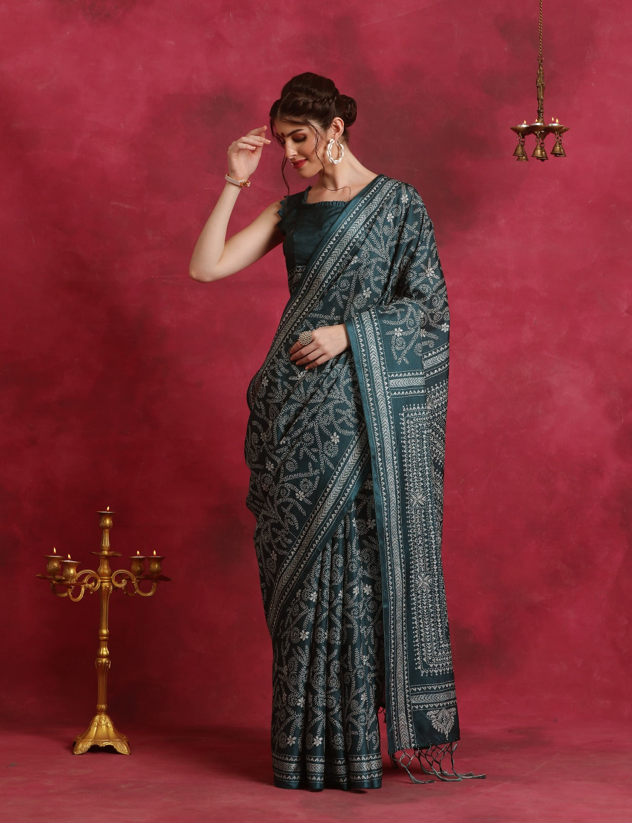 Green Kantha printed Asam silk Saree