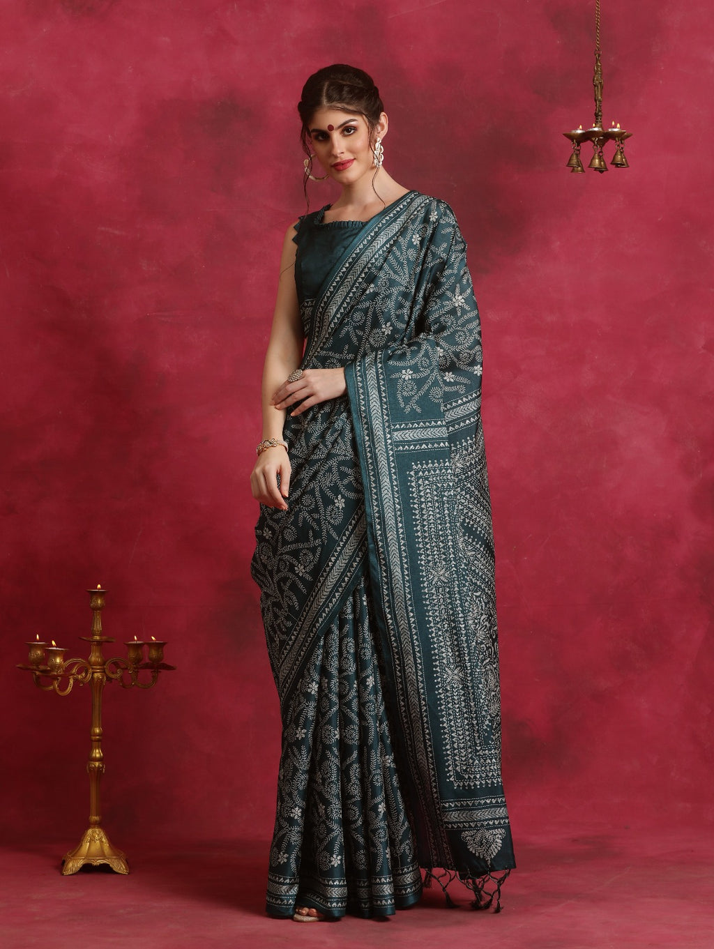 Green Kantha printed Asam silk Saree