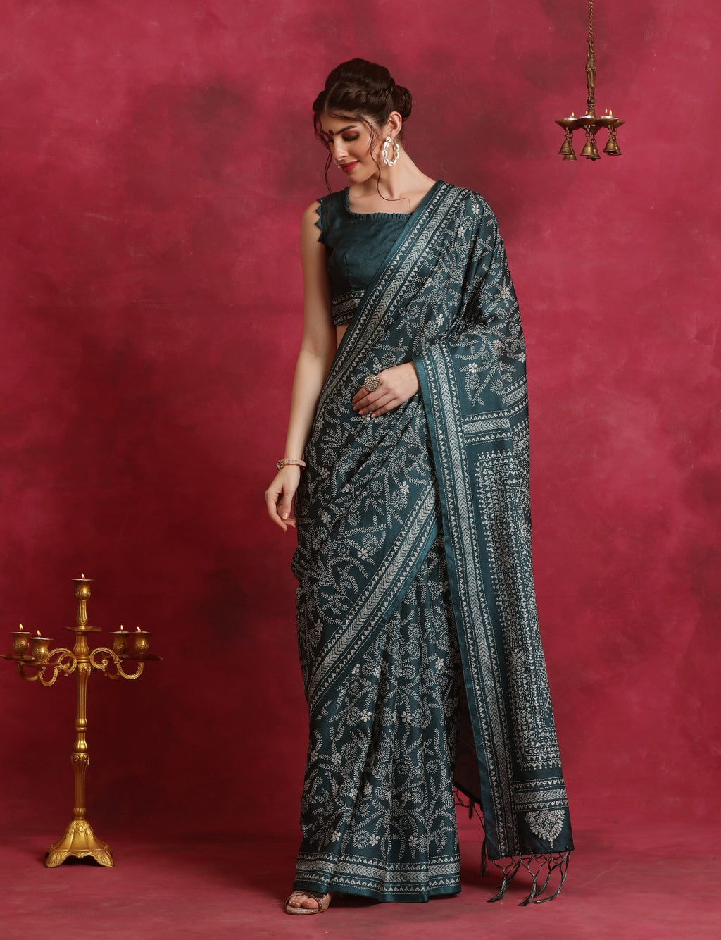 Green Kantha printed Asam silk Saree