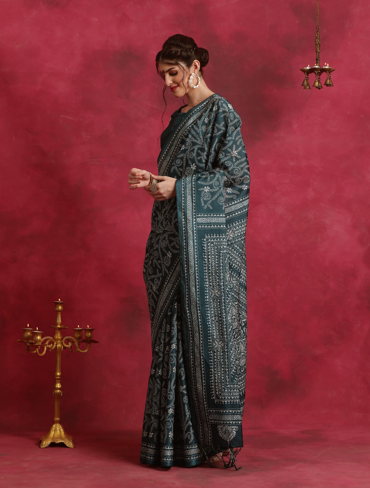 Green Kantha printed Asam silk Saree