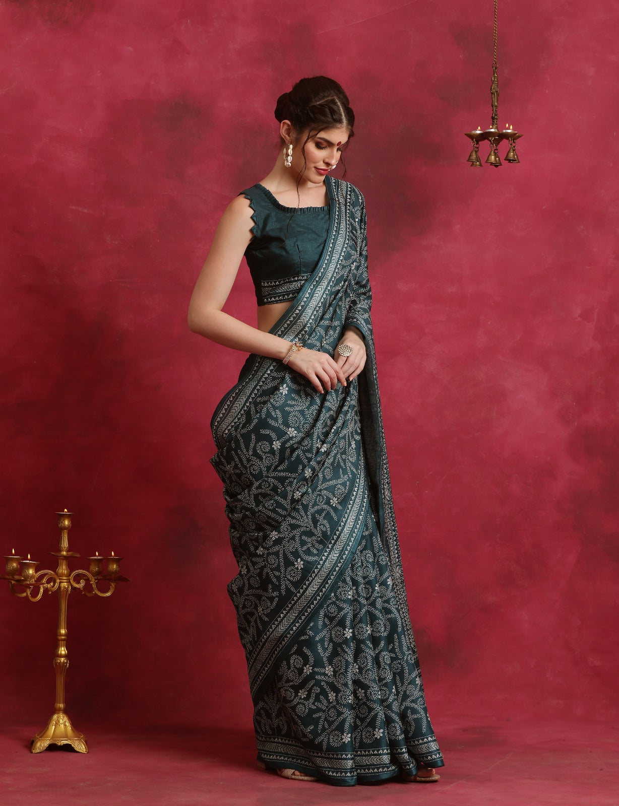 Green Kantha printed Asam silk Saree