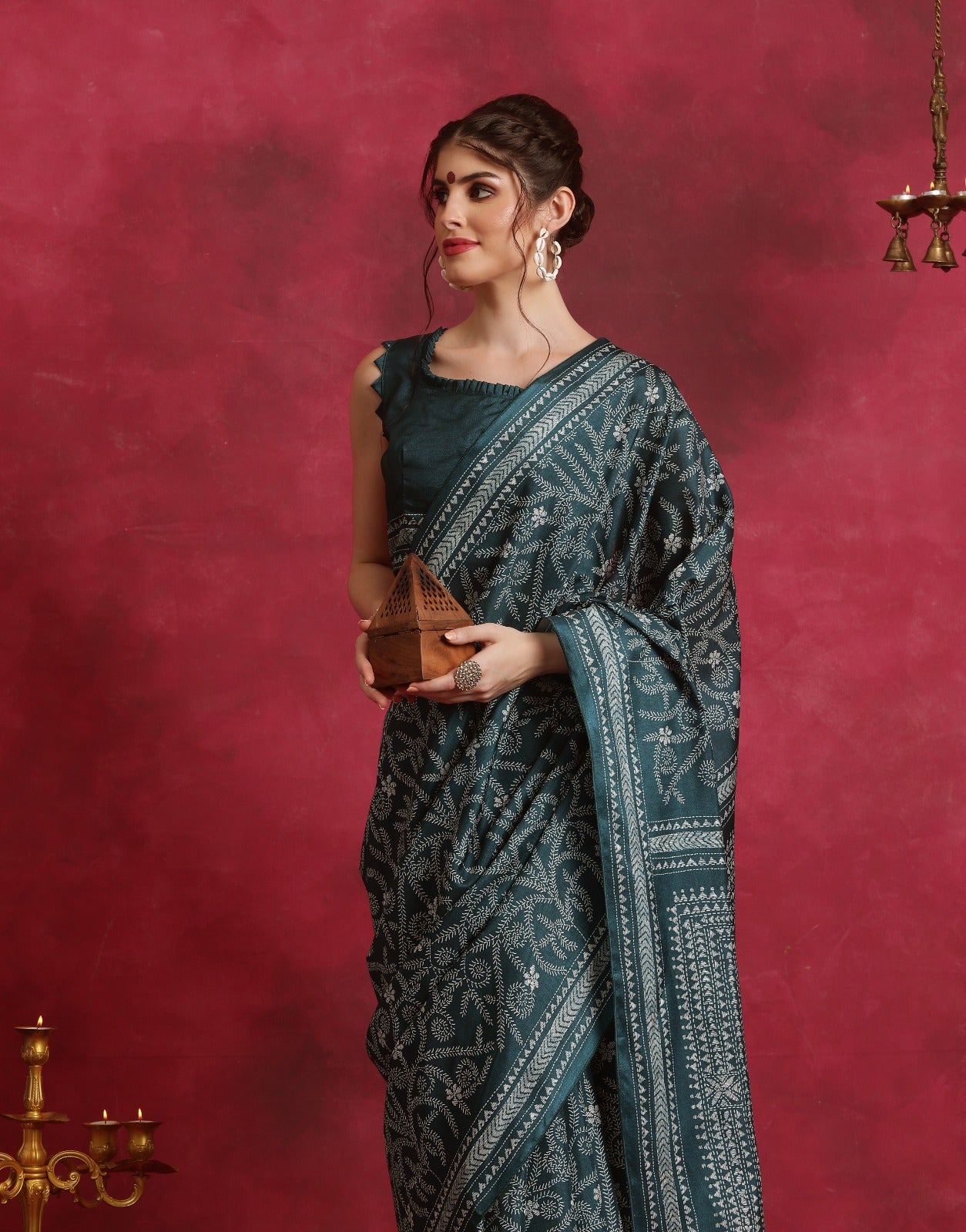 Green Kantha printed Asam silk Saree