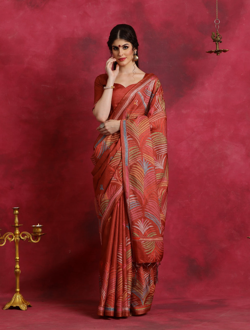Orange kantha print flower design Asam Silk Saree