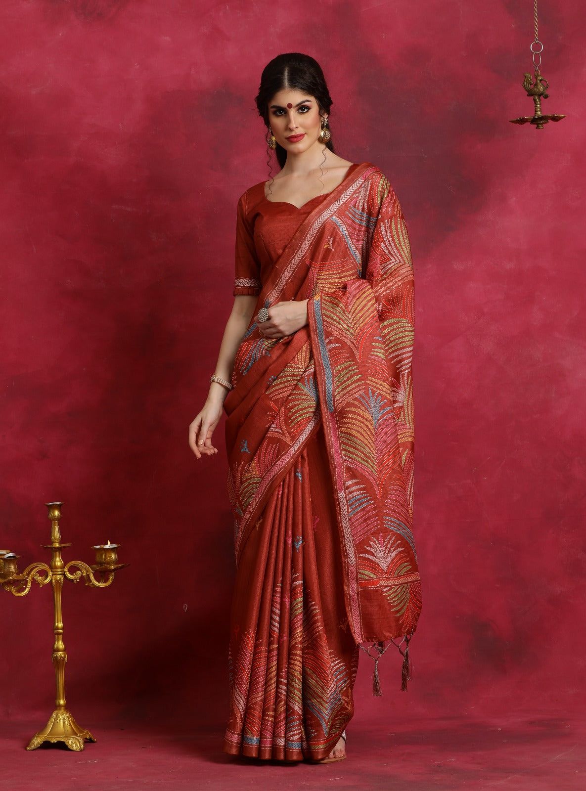 Orange kantha print flower design Asam Silk Saree