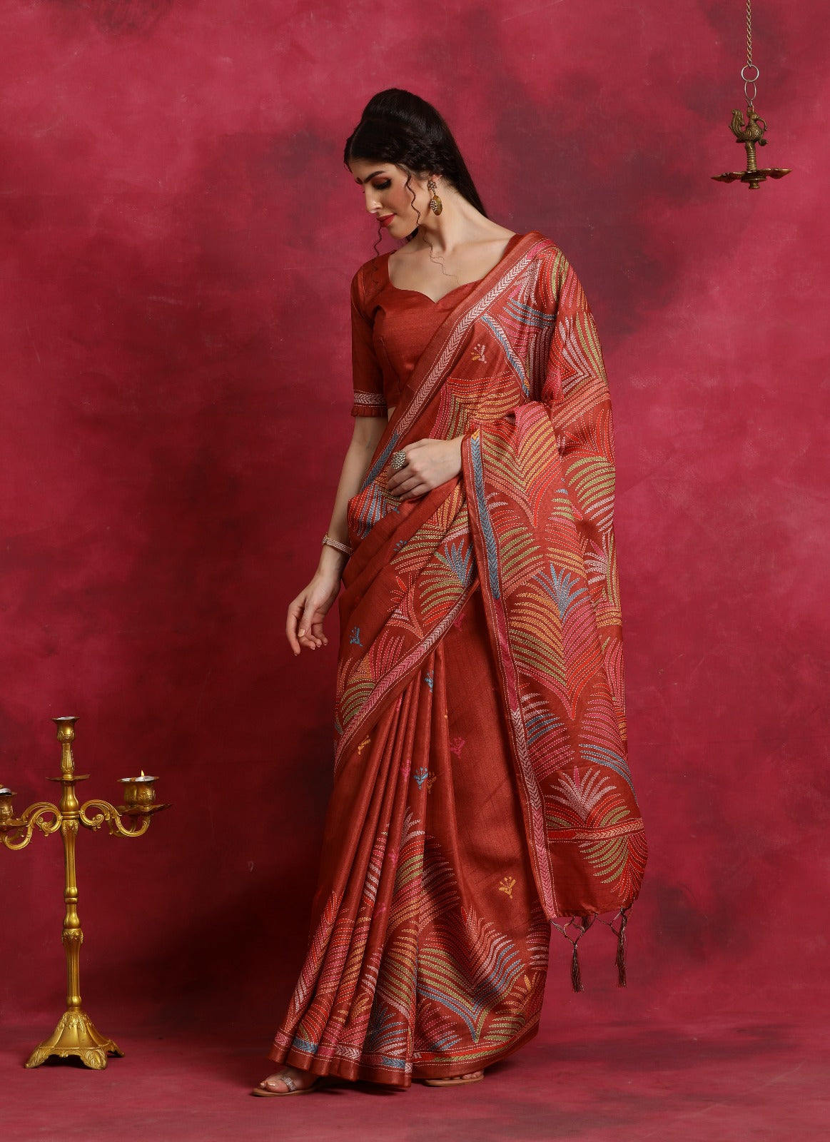 Orange kantha print flower design Asam Silk Saree