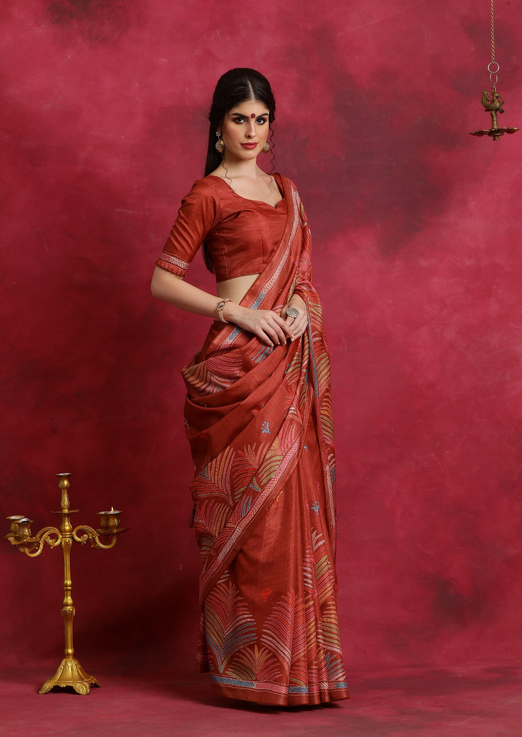 Orange kantha print flower design Asam Silk Saree