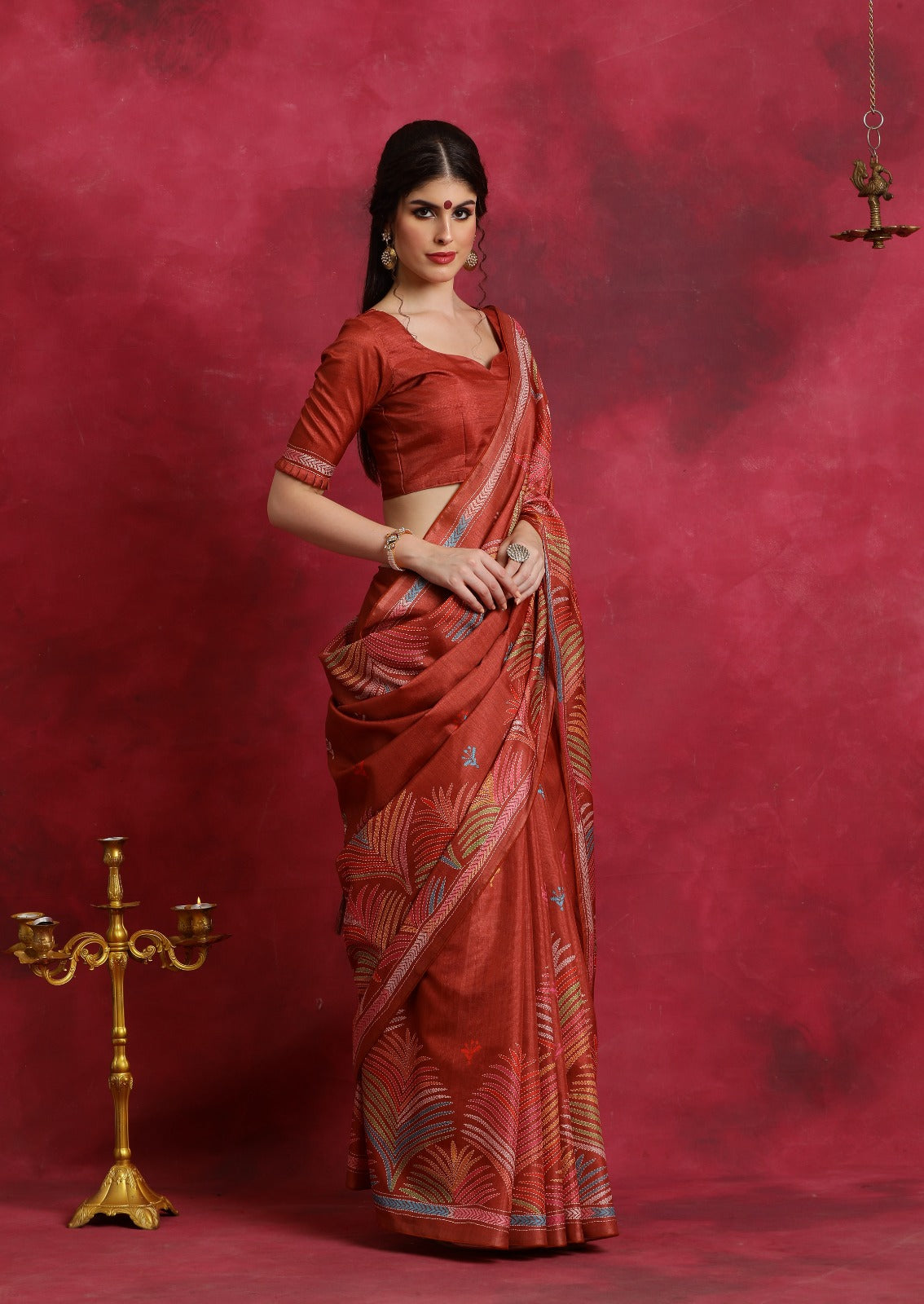 Orange kantha print flower design Asam Silk Saree