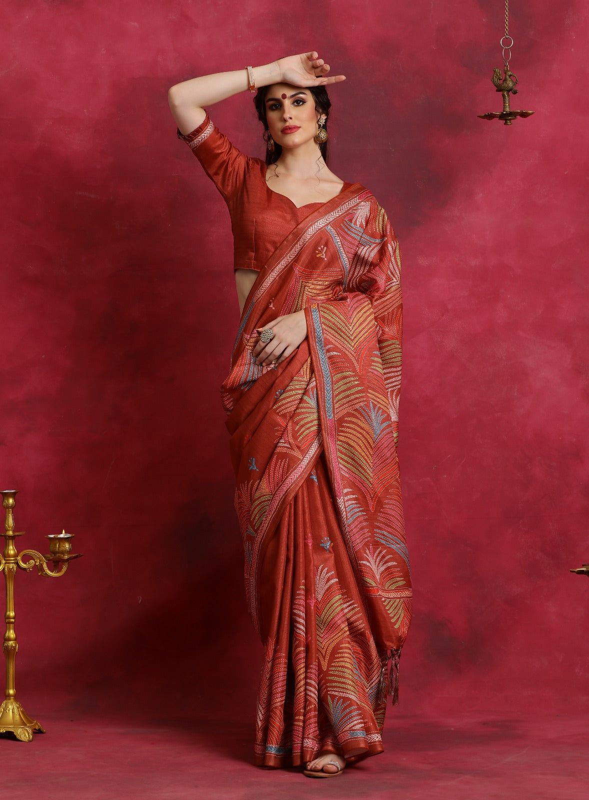 Orange kantha print flower design Asam Silk Saree