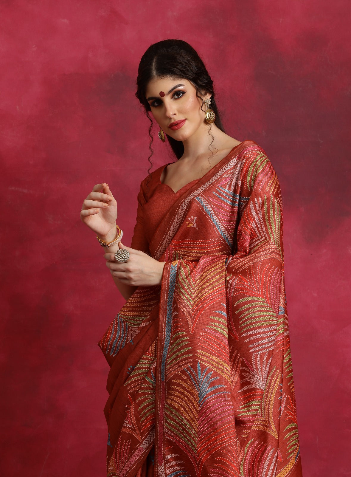 Orange kantha print flower design Asam Silk Saree