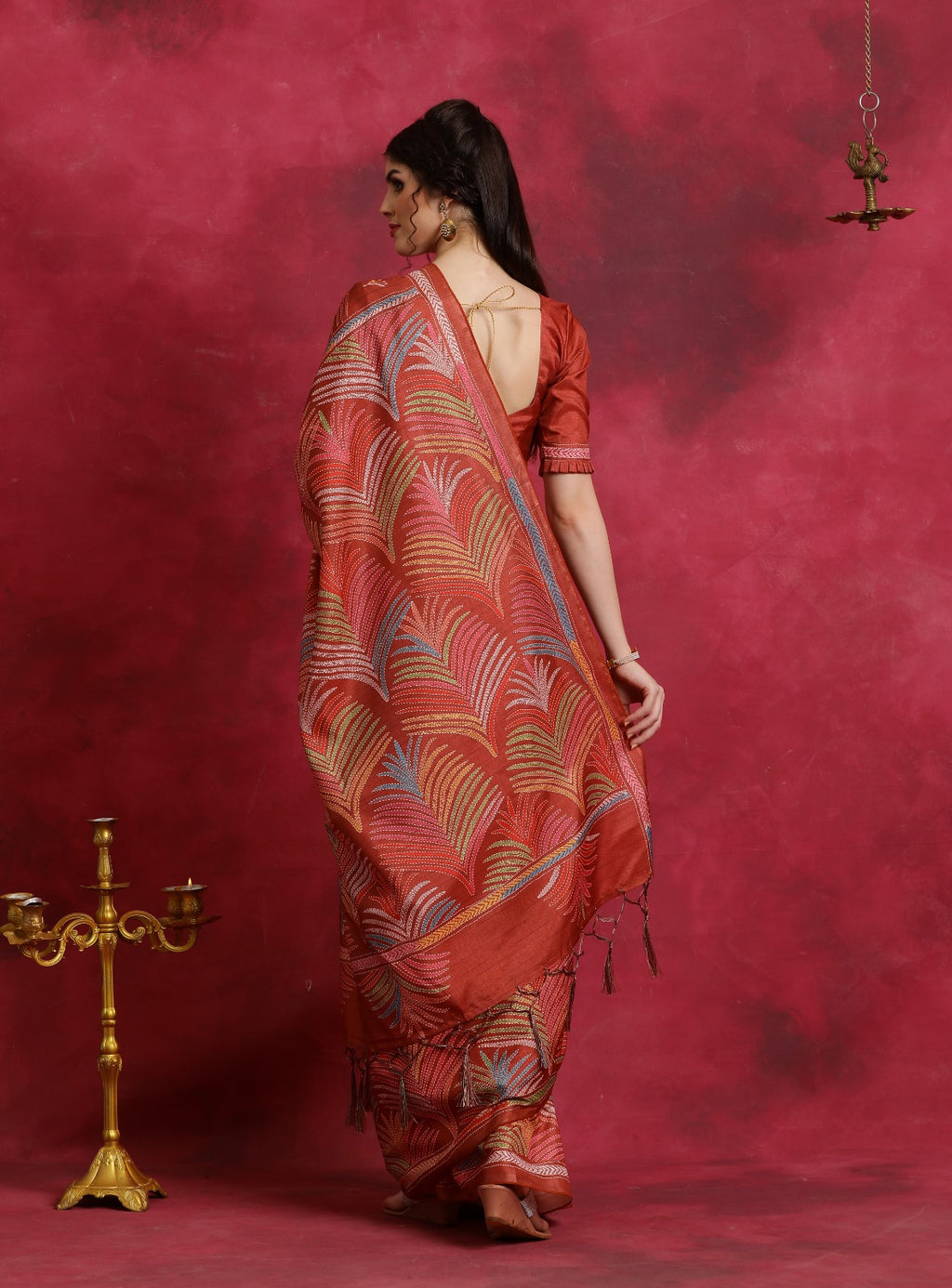 Orange kantha print flower design Asam Silk Saree