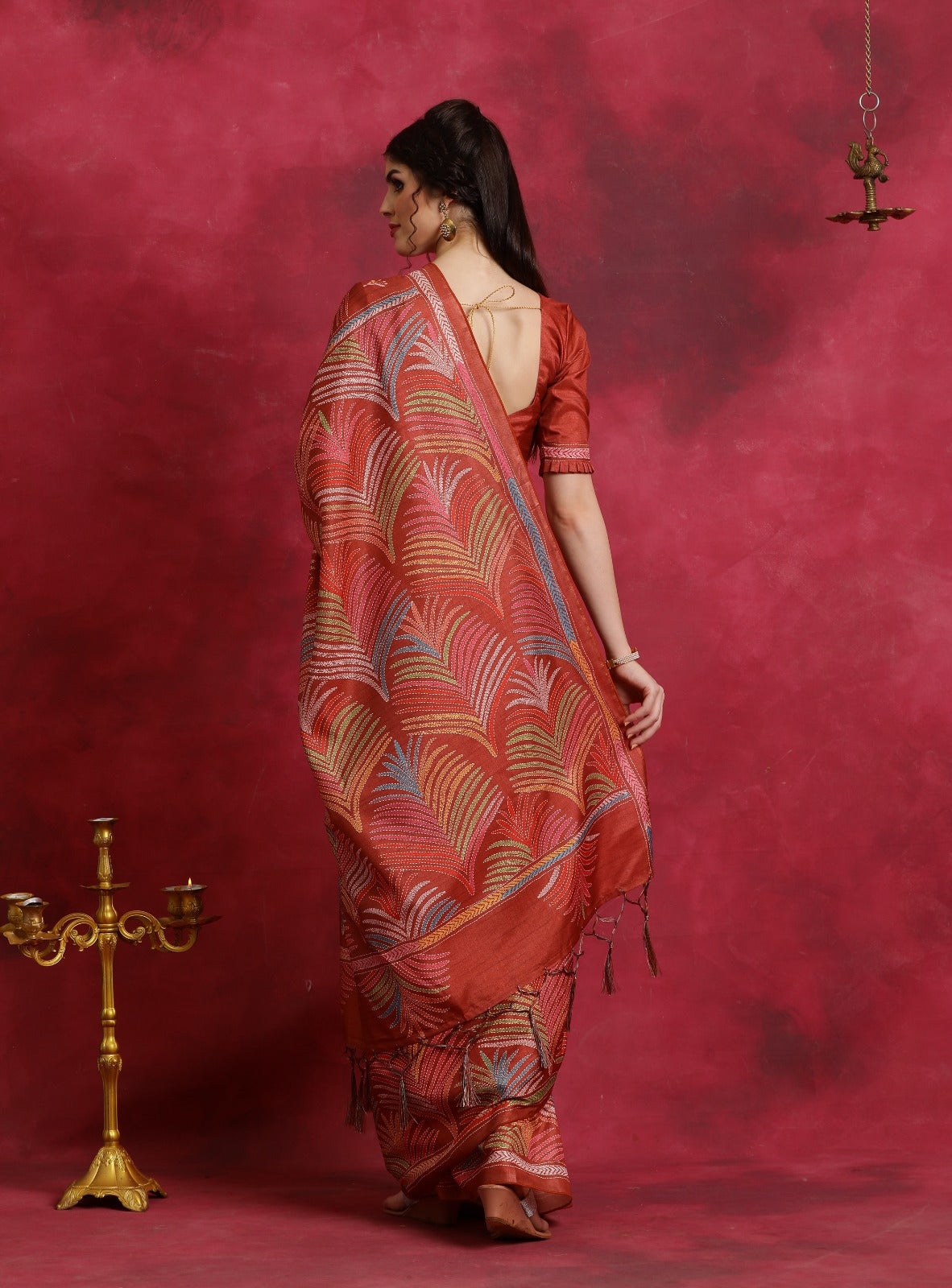 Orange kantha print flower design Asam Silk Saree