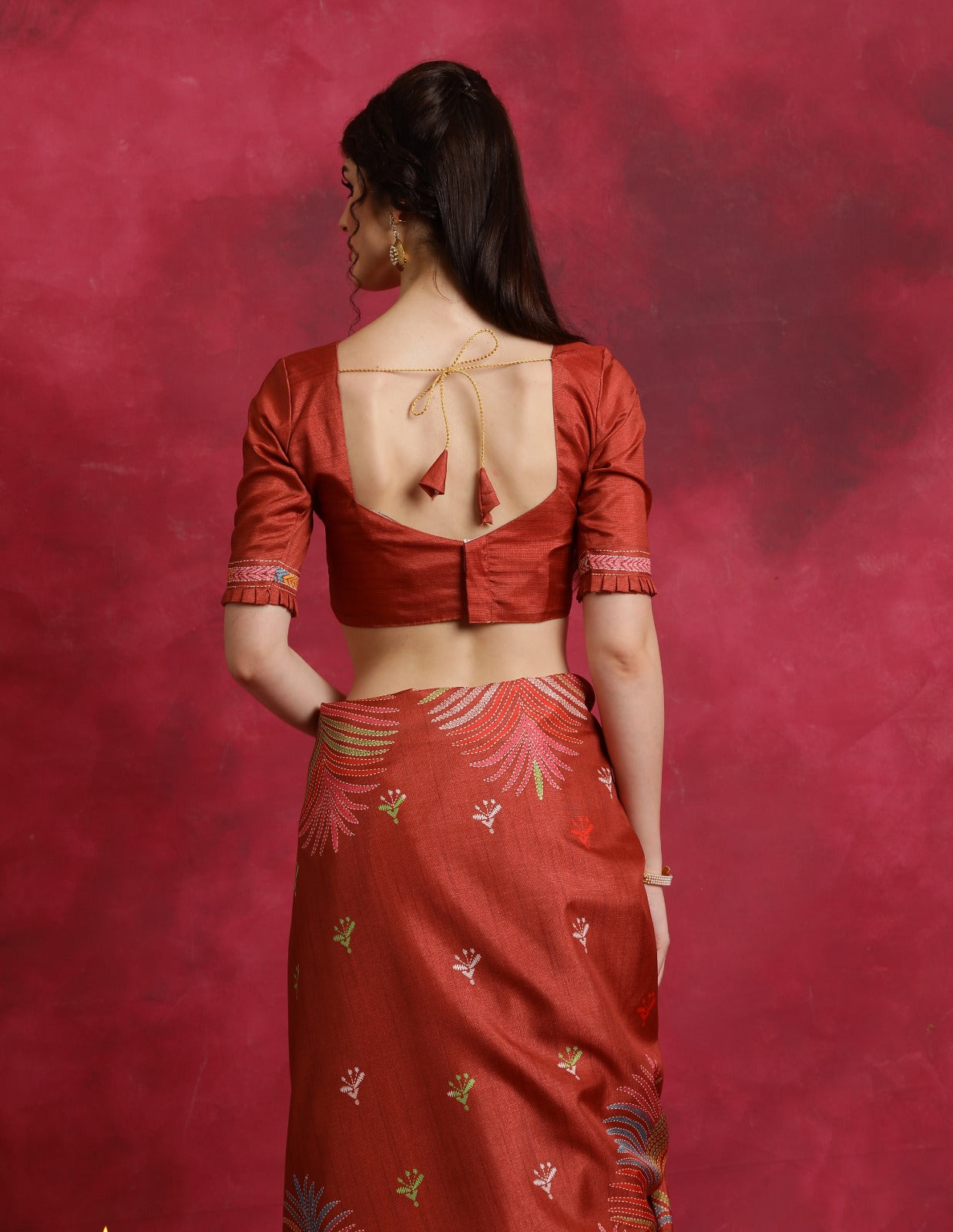 Orange kantha print flower design Asam Silk Saree