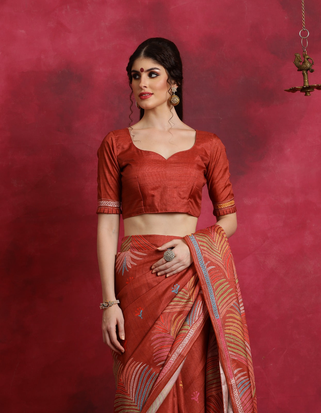 Orange kantha print flower design Asam Silk Saree