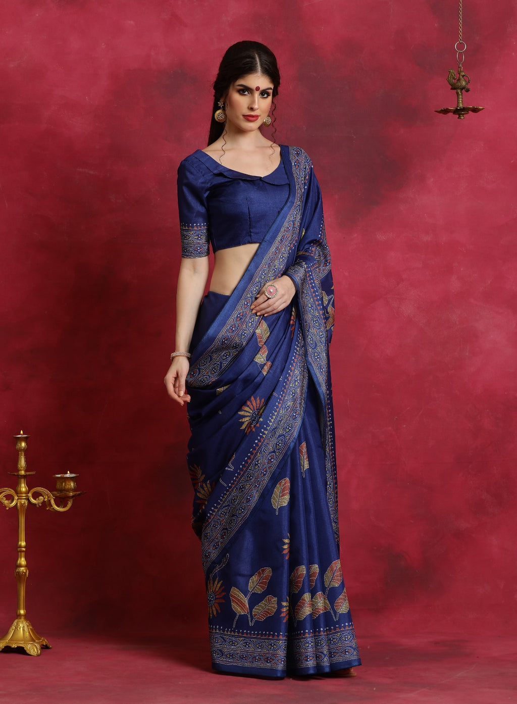 Blue Kantha printed art silk saree