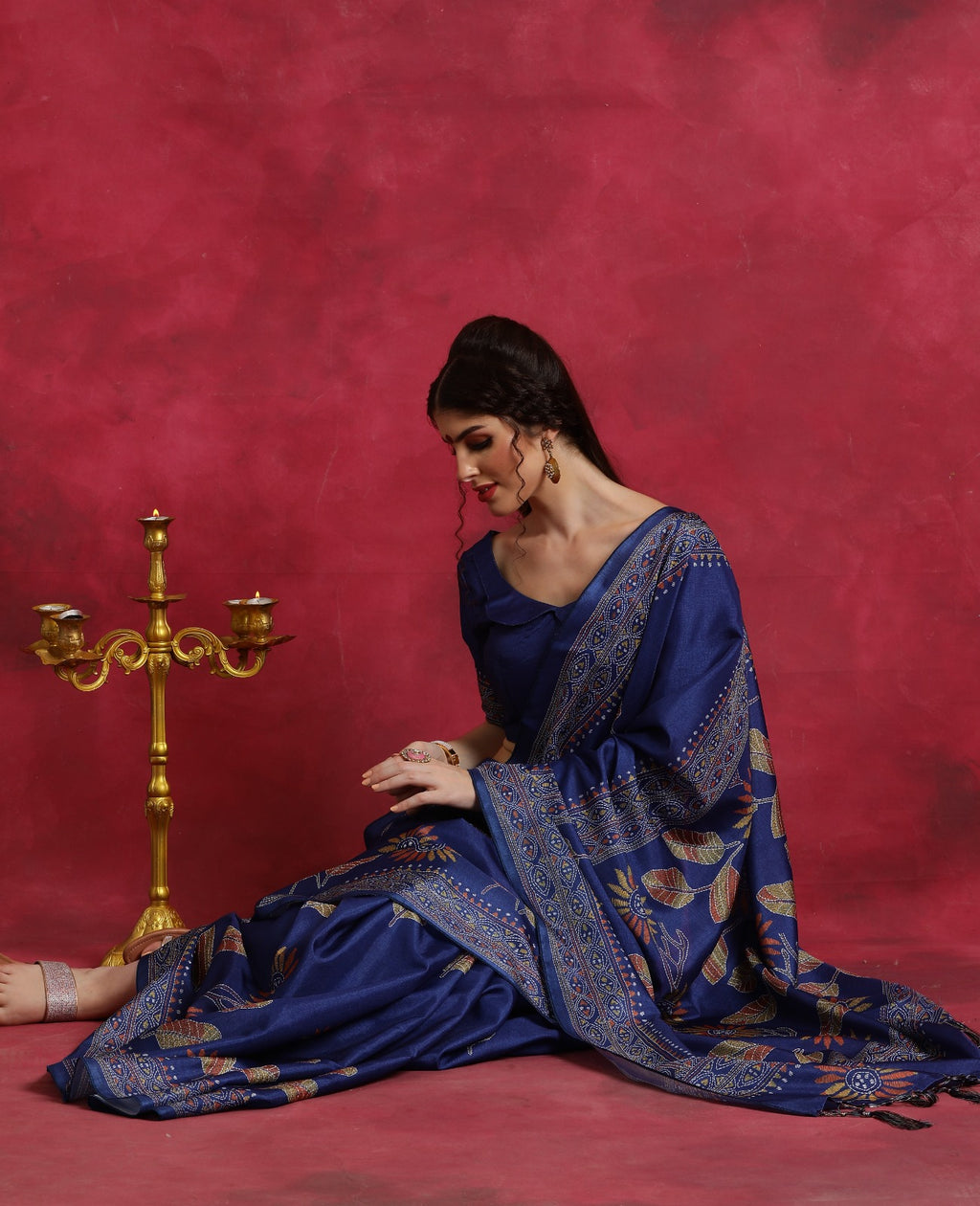 Blue Kantha printed art silk saree