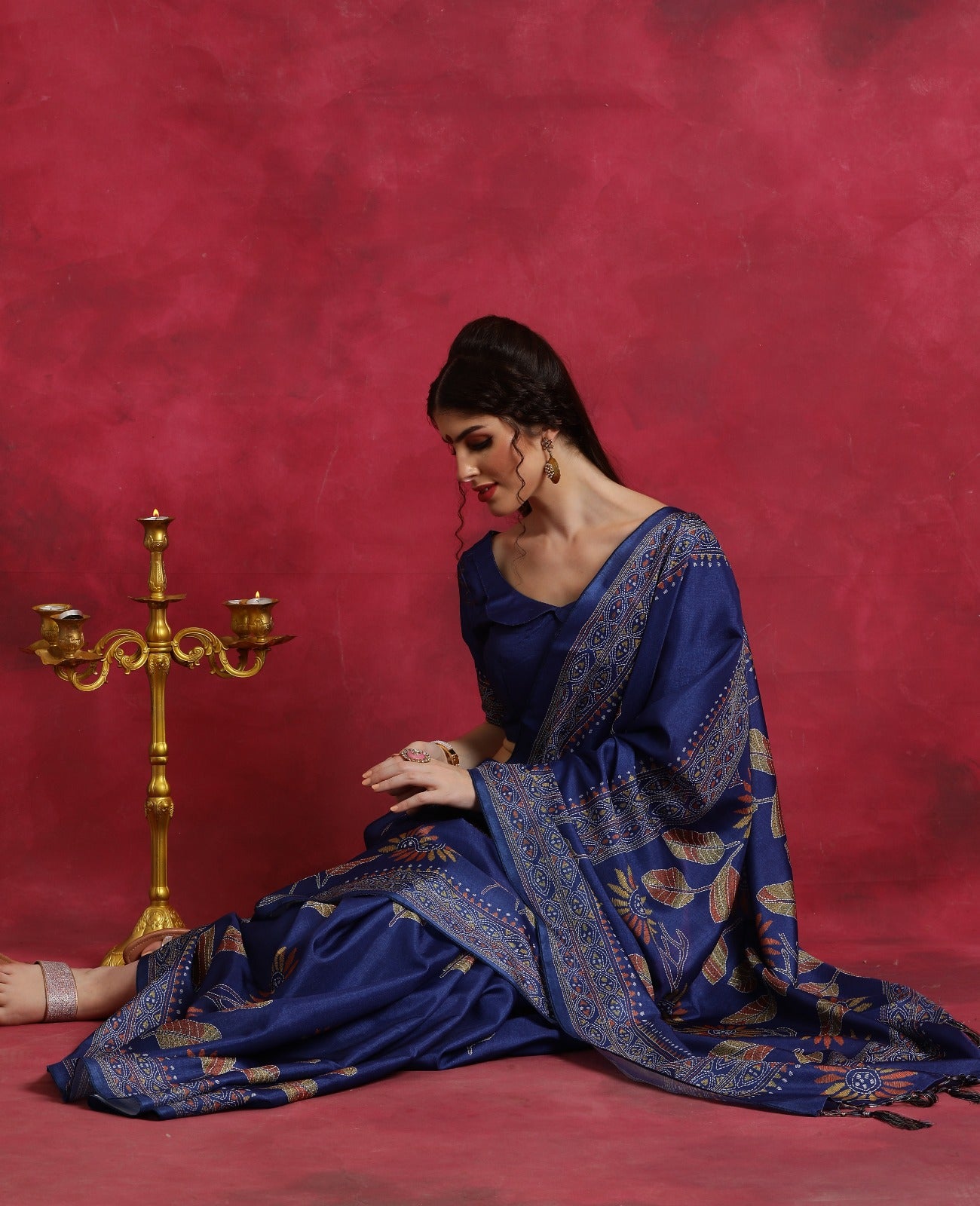 Blue Kantha printed art silk saree