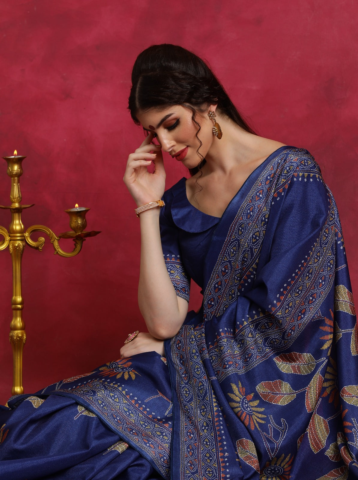 Blue Kantha printed art silk saree