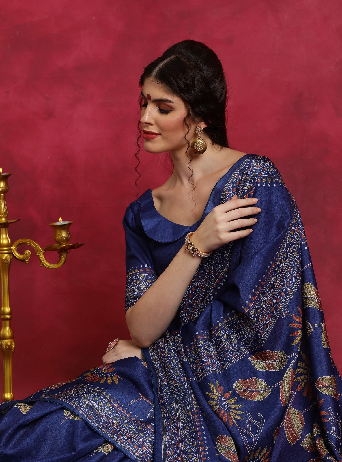 Blue Kantha printed art silk saree