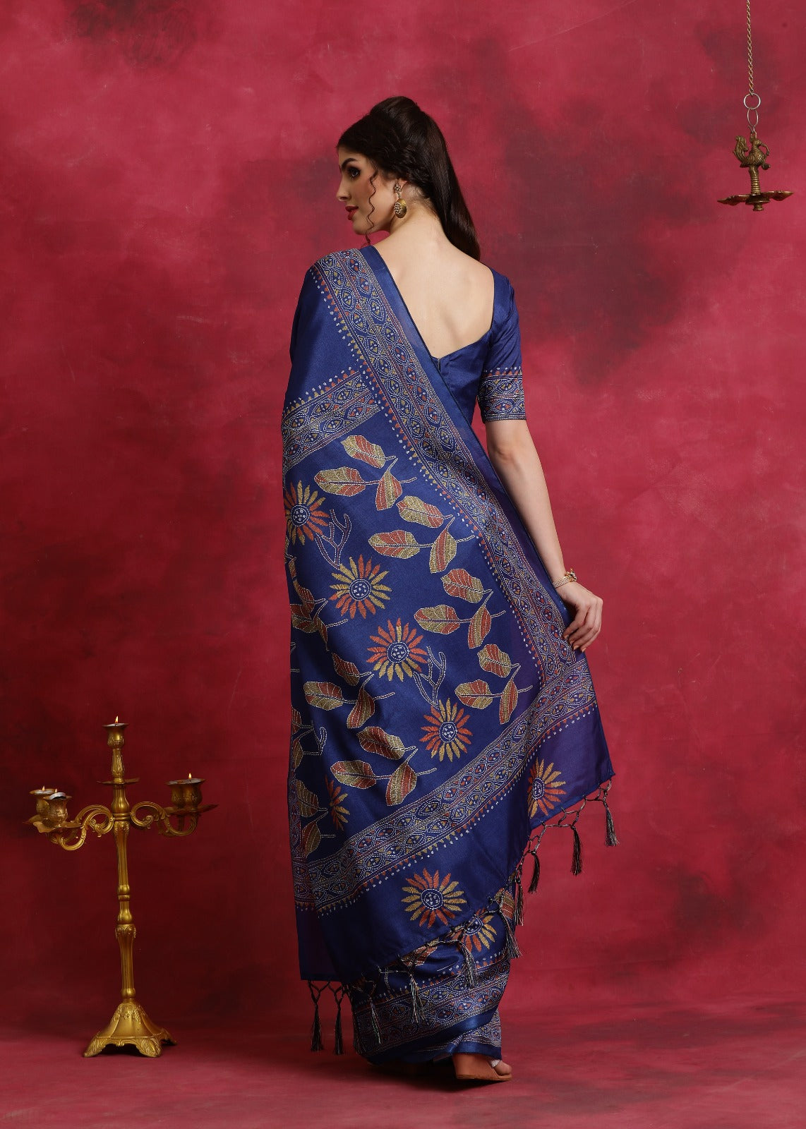 Blue Kantha printed art silk saree