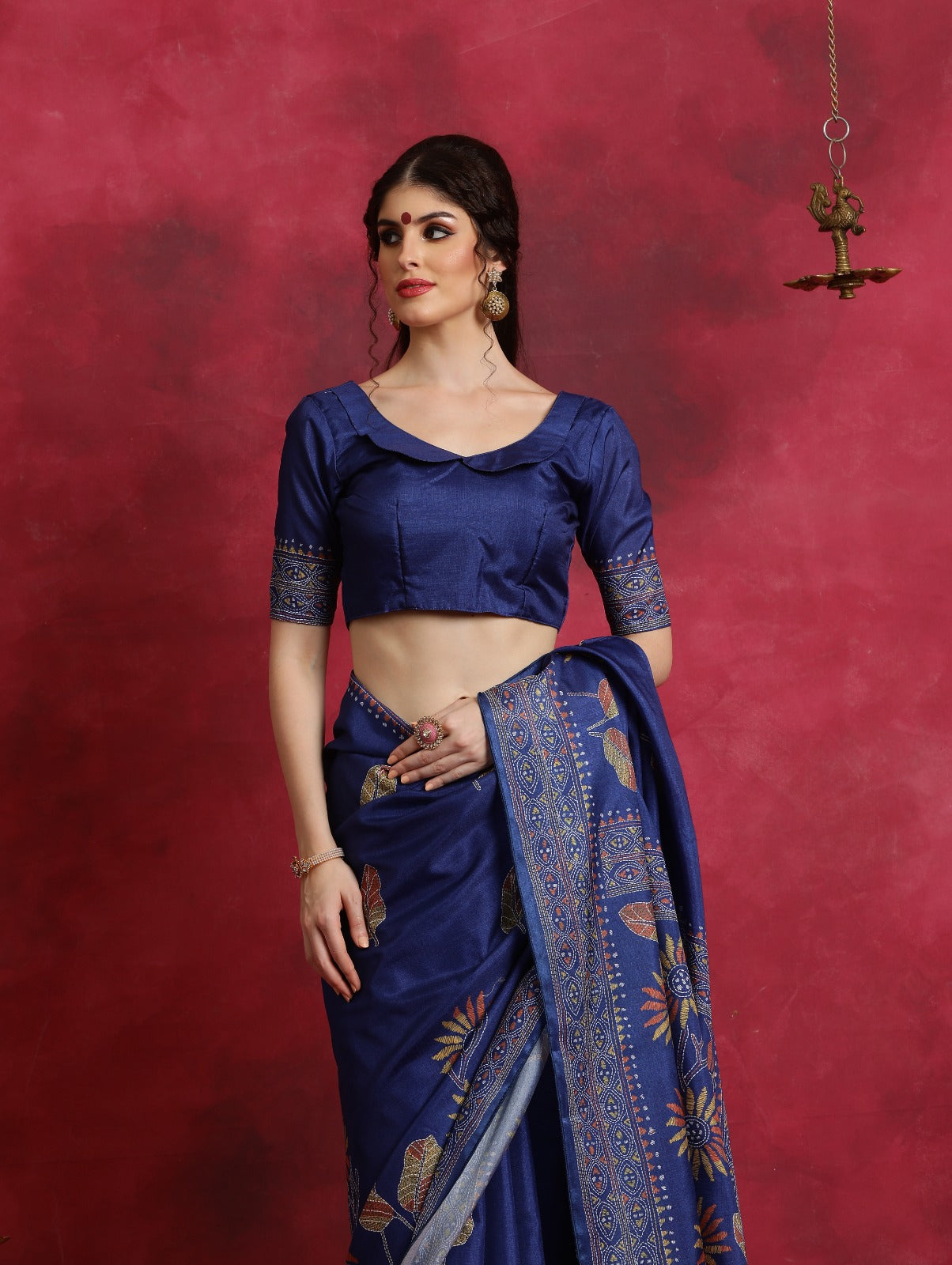 Blue Kantha printed art silk saree